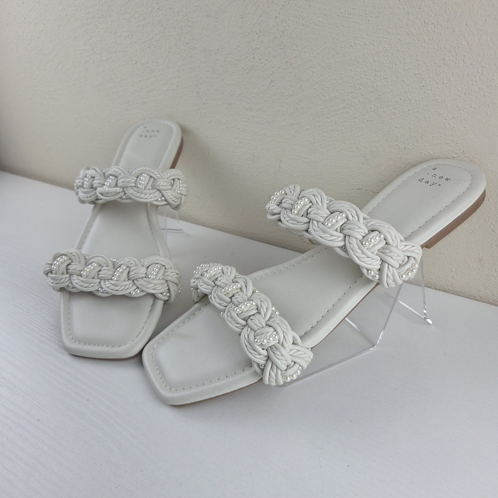 A New Day Sarafina Woven Two-Band Bead Slide Sandals Cream Women's Size 11